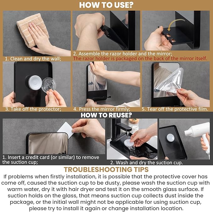 TAILI Fogless Shower Mirror, Anti-Fog with Razor Holder, Suction Shaving Mirror with Storage Tray, Rust-Proof, Shatterproof, Removable for Bathroom, Shower Accessories, Black