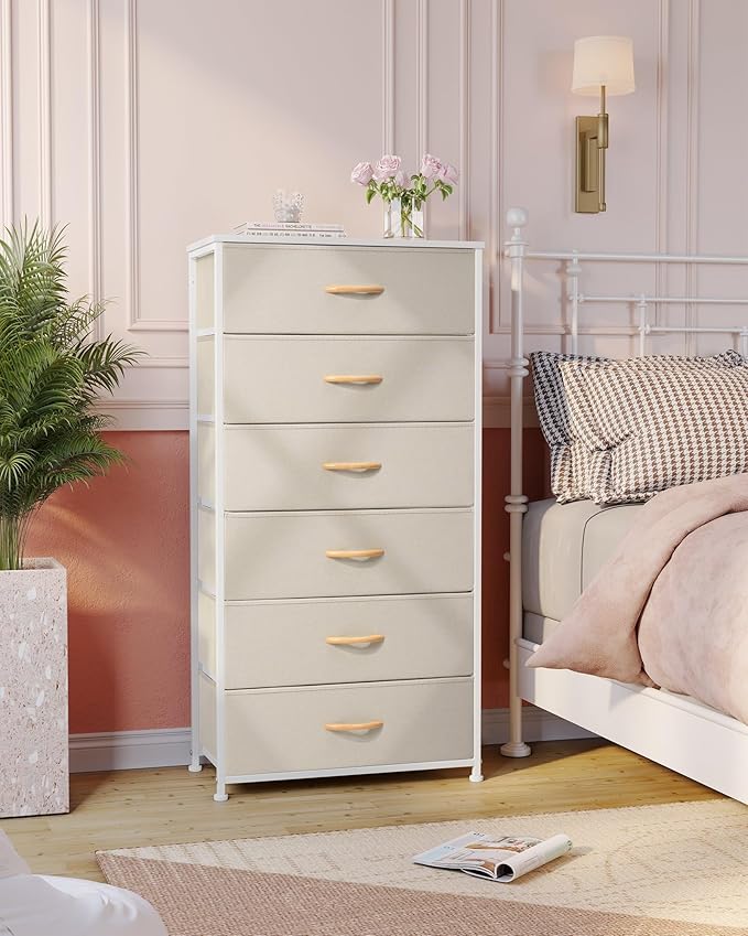 Crestlive Products Dresser for Bedroom with 6 Drawers, Tall Chest of Drawers, Fabric Dressers Bedroom Furniture, Storage Organizer Unit with Bins for Closet, Hallway, Living Room, Entryway(Beige)