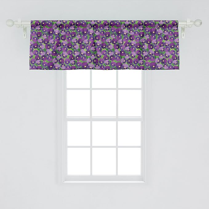 Ambesonne Botanical Window Valance Pack of 2, Green Field Full of Burgeoning Pansy Inflorescence Garden Flourish Bedding Plants, Rod Pocket Curtain Valances for Kitchen Bedroom, 42" X 18", Purple