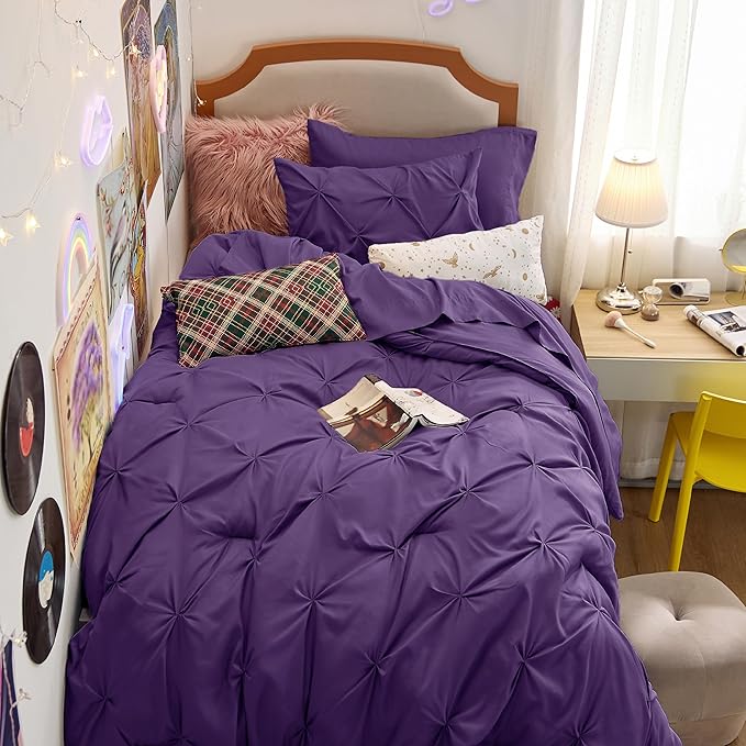 Bedsure Twin Comforter Set Purple - Bed in a Bag Twin Size Bedding 5 Pieces, GentleSoft™ Pintuck Bed Set Gift for Family, Pinch Pleat Purple Comforter with Sheets, Pillowcase & Sham