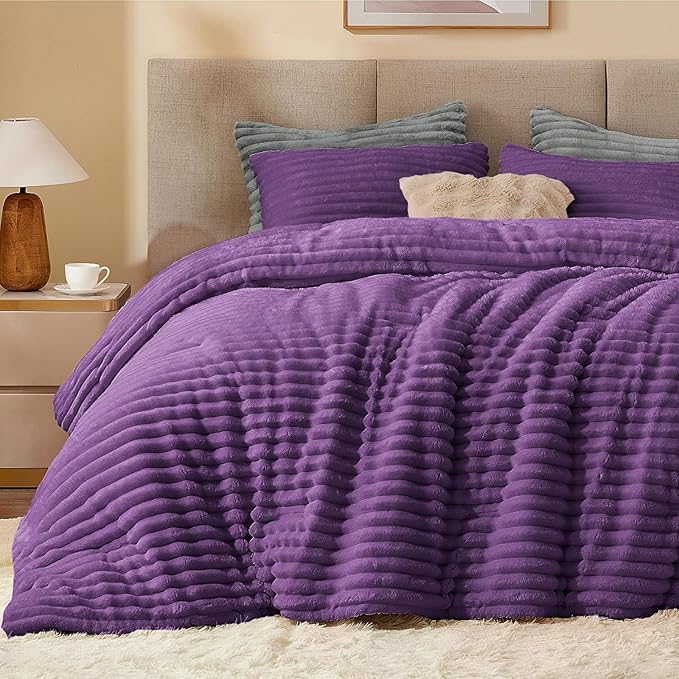 BEDELITE Fleece California King Comforter Set -Super Soft & Warm Fluffy Purple Bedding, Luxury Fuzzy Heavy Bed Set for Winter with 2 Pillow Cases