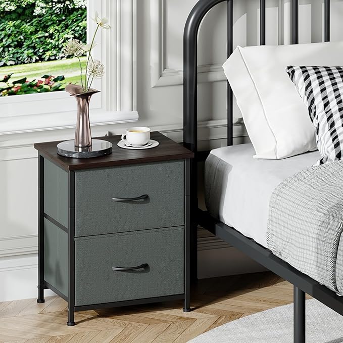 Somdot Nightstand Set of 2, Small Dresser for Bedroom with 2 Drawers, Bedside Table Night Stand End Table with Fabric Bins for Bedroom Kids Closet Dorm Guest Room, Charcoal Grey