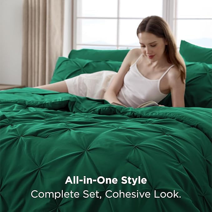 Bedsure King Size Comforter Set Dark Green - Bed in a Bag Bedding Set 7 Pieces, GentleSoft™ Pintuck Bed Set Gift for Family, Pinch Pleat Dark Green Comforter with Sheets, Pillowcases & Shams