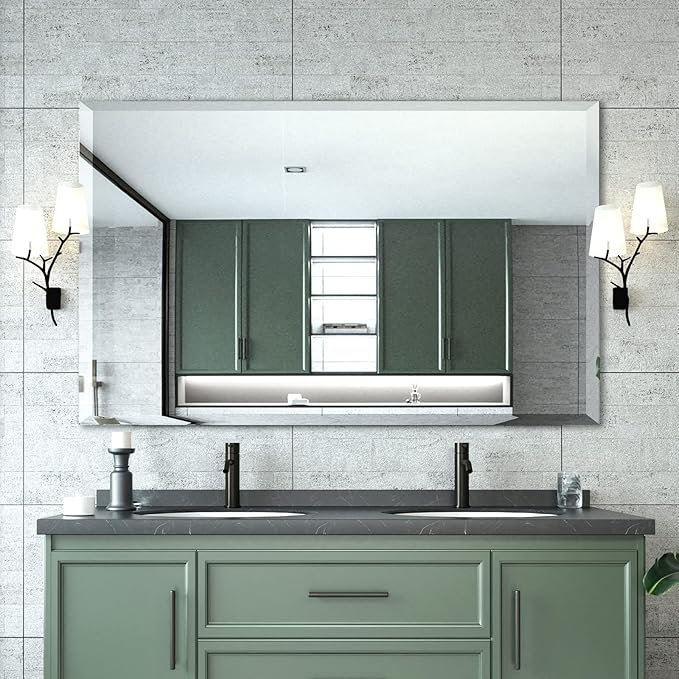 Mirrorons Beveled Mirror, Bathroom Mirrors 48" x 30", Frameless Rectangle Bathroom Mirror with Beveled Edge, Hangs Horizontally or Vertically. Upgraded Shatterproof Mirror