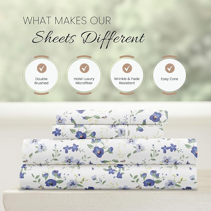 Linen Market 4 Piece King Sheet Set - Breathable, Double-Brushed Patterned Cooling Sheets – Oeko-TEX Certified Ultra Soft & Wrinkle-Free 16" Deep-Pocket King Sheets - Easy Care Blossoms Light Blue