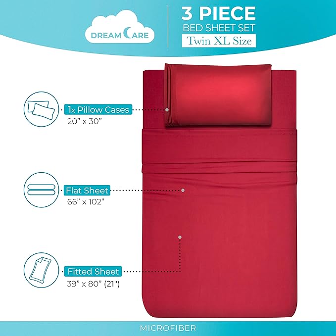 DREAMCARE Twin XL Sheet Sets – 3pcs Cooling Sheets – up to 21” Extra Deep Pocket Twin XL Sheets Set – Hotel Luxury Sheets & Pillowcases – Superior Softness 100% Fine Microfiber with Side Pocket –Brgdy