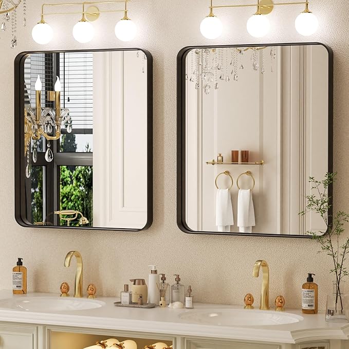 28×32 Black Frame Mirror for Over Sink - Rectangular Decorative Bathroom Mirrors with Rounded Corners & Aluminium Frame, Tempered-Glass, Restroom, Entryway, Wall, Vanity