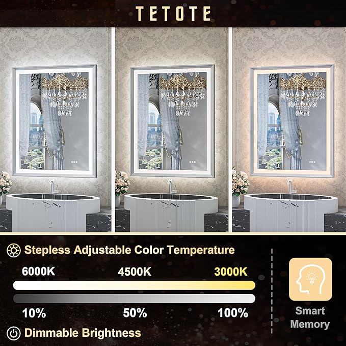 TETOTE Brushed Silver LED Bathroom Mirror with Lights 42x36 Front & Back Light Vanity Framed Mirror Baroque Anti Fog Dimmable White/Warm/Natural,CRI90+,Waterproof,Wall Mounted(Horizontal/Vertical)