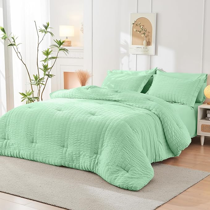 HYMOKEGE Mint Green Full Size Comforter Sets Seersucker 7 Pieces, All Season Luxury Bed in a Bag for Bedroom, Bedding Set with Comforter, Sheets, Pillowcases & Shams