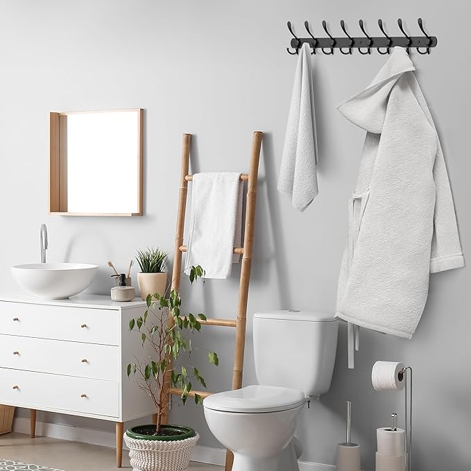 Coat Rack Wall Mount with 8 Tri Hooks, Stainless Steel 24 Inch – Black Matte Finish, Heavy Duty Wall Mounted Hook Rack for Coats, Hats, Towels, Scarfs, Robes, Bags, Entryway & Bathroom - 2 Pack