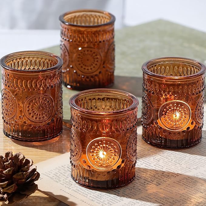 Amber Votive Candle Holder Set of 12, Glass Tea Lights Candle Holders for Home Table Centerpiece, Dinner Parties, Weddings Decor