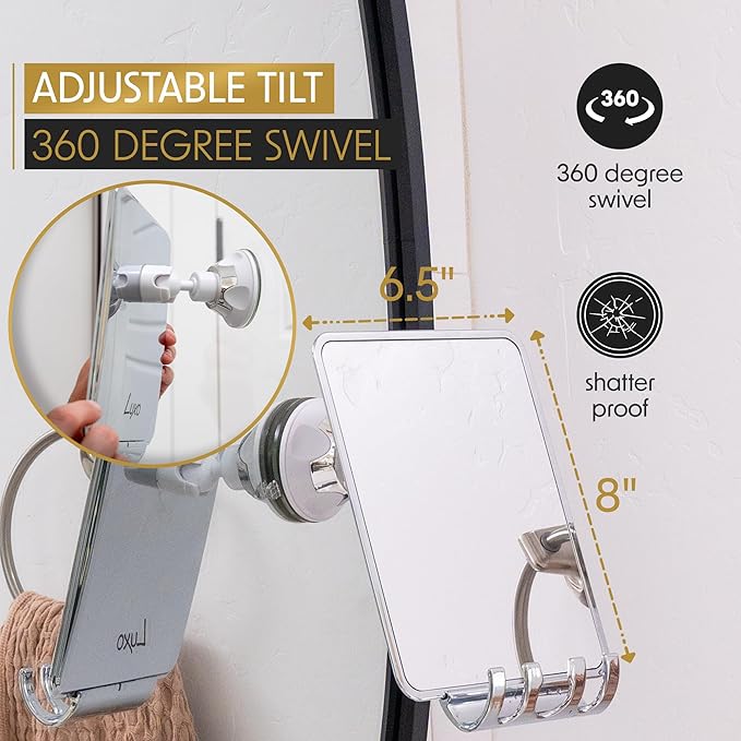 Luxo Shower Mirror, Shower Mirror fogless for Shaving with a Removable Razor Holder - Shaving Mirror for Shower with a Powerful Suction Cup - Shatterproof fogless Mirror for Shower