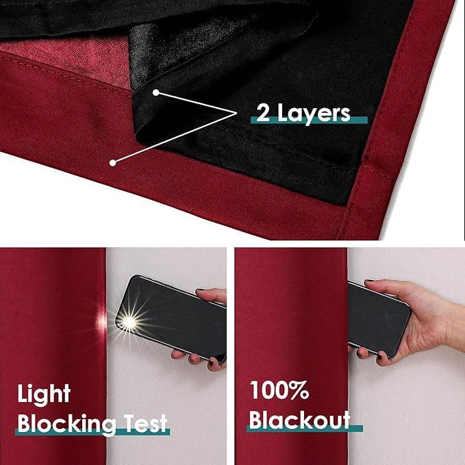 ChrisDowa 100% Blackout Curtains 102 inch Long for Bedroom with Black Liner, 2 Thick Layers Total Blackout Thermal Insulated Grommet Window Curtains 2 Panels Set (Burgundy, 52 x 102 Inch)