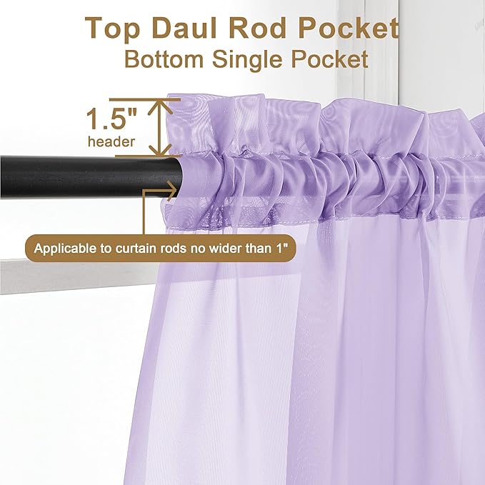 Chyhomenyc Lilac Sheer Curtains 63 Inch Length 2 Panels, Light Filtering Airy Rod Pocket Window Curtain Treatment Drapes for Bedroom Living, Each 42Wx63L Inches