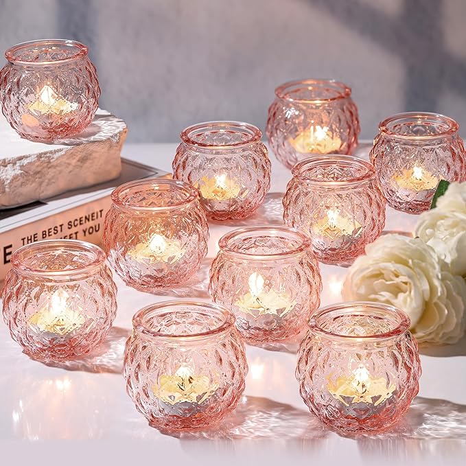 DARJEN Pink Votive Candle Holders Set of 24- Round Glass Candle Holders Bulk for Flameless LED Tea Waxes, Romantic Candle Holder for Wedding & Home Table Decor, Various Parties