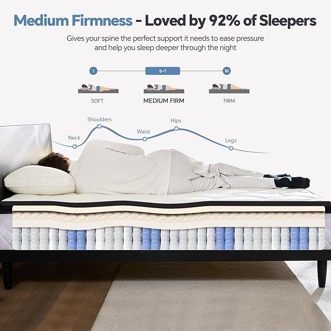 California King Mattress, 12 Inch Cal King Hybrid Mattress with Individual Pocket Spring & Memory Foam, Soft, Motion Isolation, Medium Firm Comfort for Pressure Relief, CertiPUR-US Certified