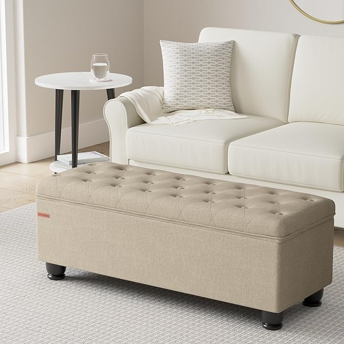 SONGMICS Storage Ottoman, Storage Bench, Tufted Entryway Bedroom Bench, 17.7 x 46.5 x 17.7 Inches, Hinges Easy Lid Operation, Wooden Legs, Linen-Look Cover, Loads 330 lb, Camel Brown ULOM070K01