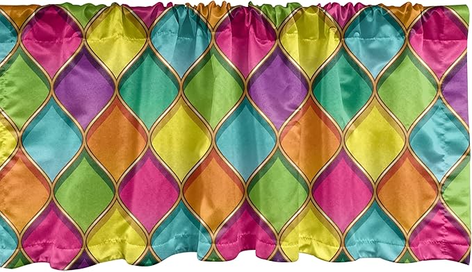 Ambesonne Geometric Window Valance Pack of 2, Vivid Colored Stained Glass Style Pattern Wavy Lines Curves Oval Shapes Modern, Rod Pocket Curtain Valances for Kitchen Bedroom, 54" X 18", Multicolor