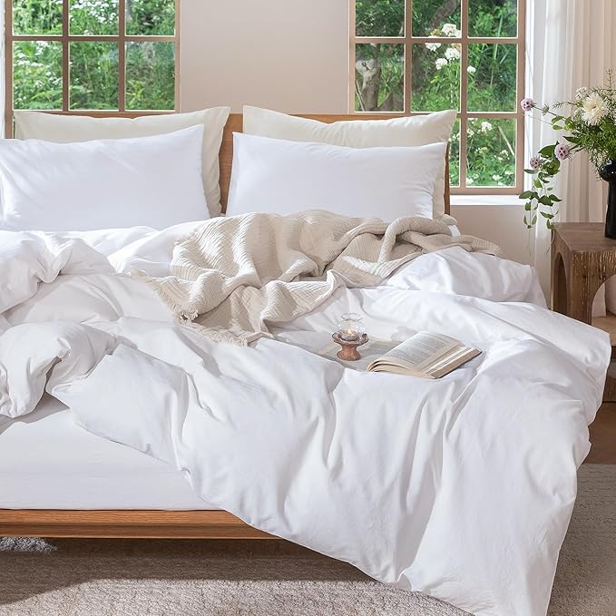 MooMee Bedding Duvet Cover Set 100% Washed Cotton Linen Like Textured Breathable Durable Soft Comfy (Solid Bright White, King 104"x90")