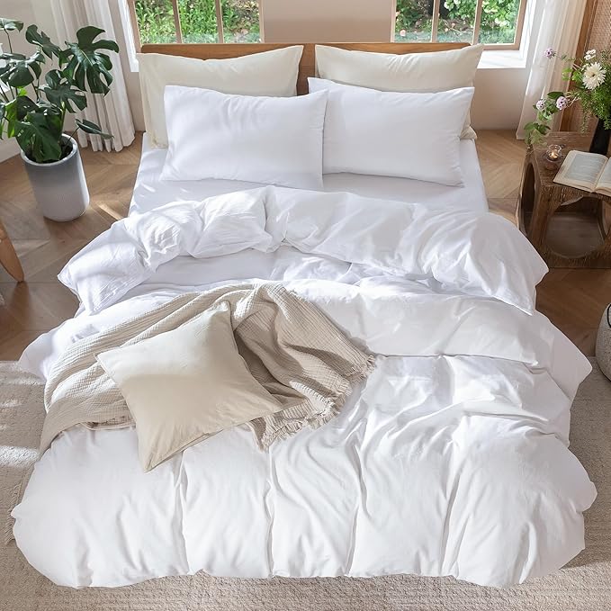 MooMee Bedding Duvet Cover Set 100% Washed Cotton Linen Like Textured Breathable Durable Soft Comfy (Solid Bright White, King 104"x90")