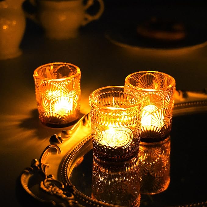 70pcs Assorted Votive Candle Holders - Amber Glass Tea Lights Candle Holder in Bulk, Tealight Candle Holder for Table Centerpiece Wedding Decor Home Decoration