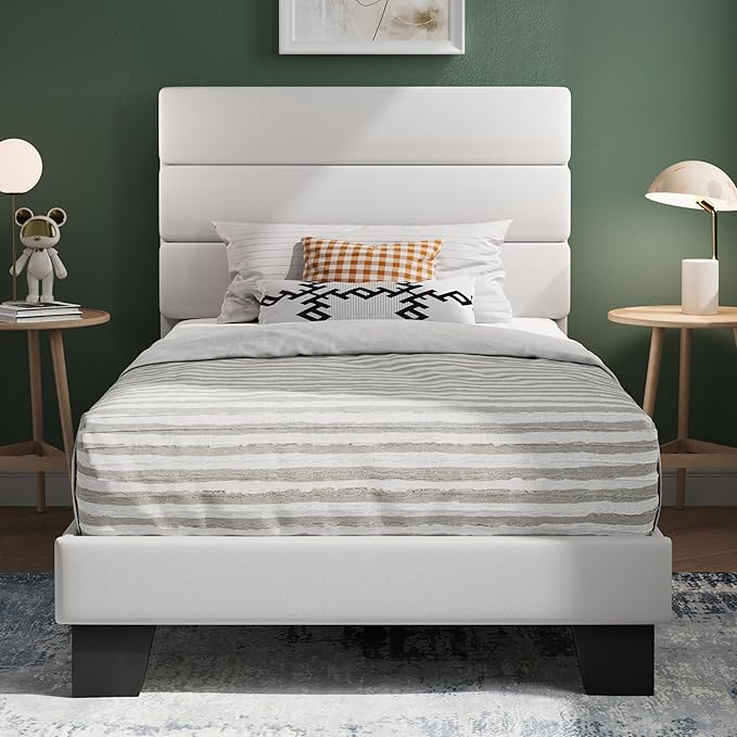 SHA CERLIN Twin Platform Bed Frame with Velvet Upholstered Headboard, Mattress Foundation with Strong Wooden Slats Support, No Box Spring Needed, White