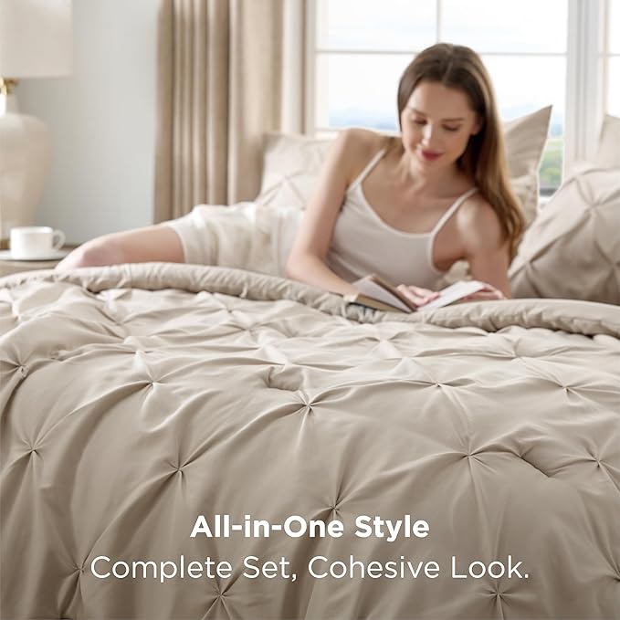 Bedsure Full Comforter Set Beige - Bed in a Bag Full Size Bedding Set 7 Pieces, GentleSoft™ Pintuck Bed Set Gift for Family, Pinch Pleat Beige Comforter with Sheets, Pillowcases & Shams