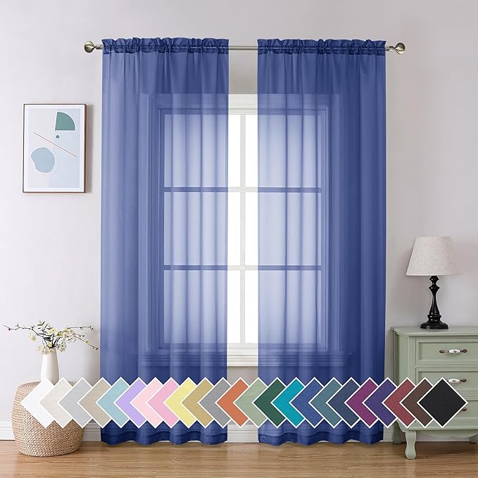 Aiyufeng Royal Blue Sheer Curtains 90 Inches Long 2 Panels Set, Semi Transparent Voile Rod Pocket Blue Sheer Window Drapes for Bedroom Bed Canopy Dining Wedding Party Backdrop, 42W x 90L inch