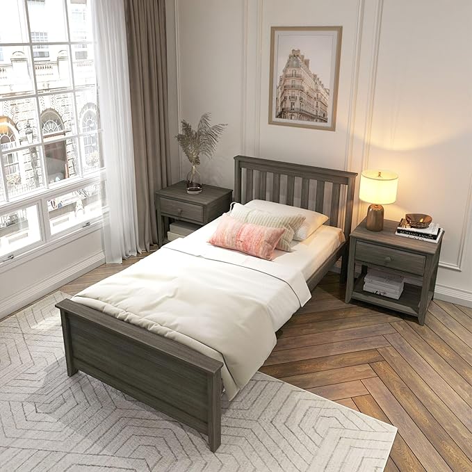 Plank+Beam Solid Wood Twin Bed Frame, Platform Bed with Headboard, Clay