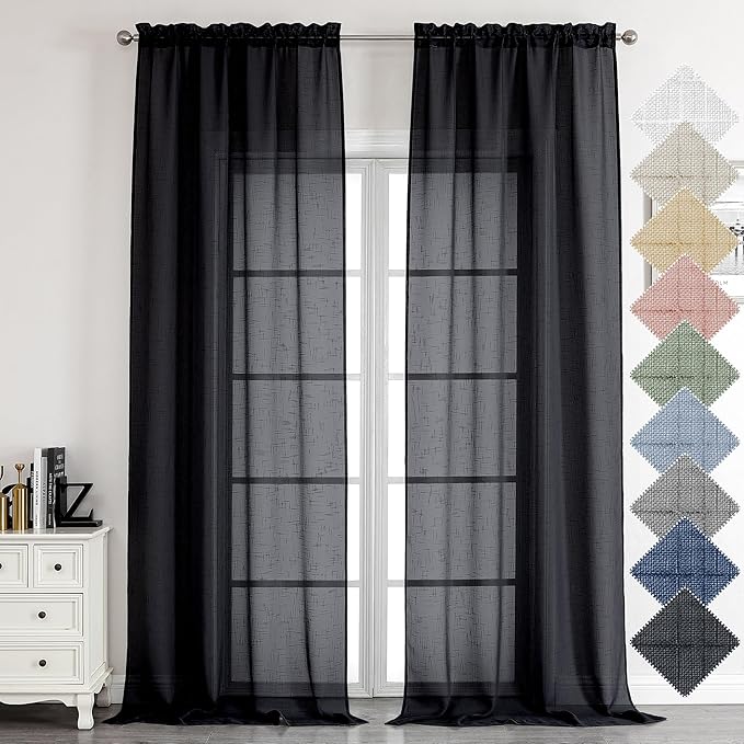 Aiyufeng Kirei Black Sheer Curtains 96 Inches Long 2 Panels, Faux Linen Slub Textured Light Filtering Soft Airy Rod Pocket Curtain Drapes for Farmhouse Living Room Bedroom, Each 40Wx96L Inch