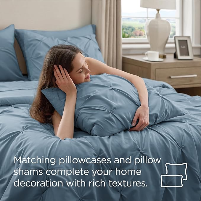 Bedsure Twin Comforter Set Mineral Blue - Bed in a Bag Twin Size Bedding 5 Pieces, GentleSoft™ Pintuck Bed Set Gift for Family, Pinch Pleat Mineral Blue Comforter with Sheets, Pillowcase & Sham