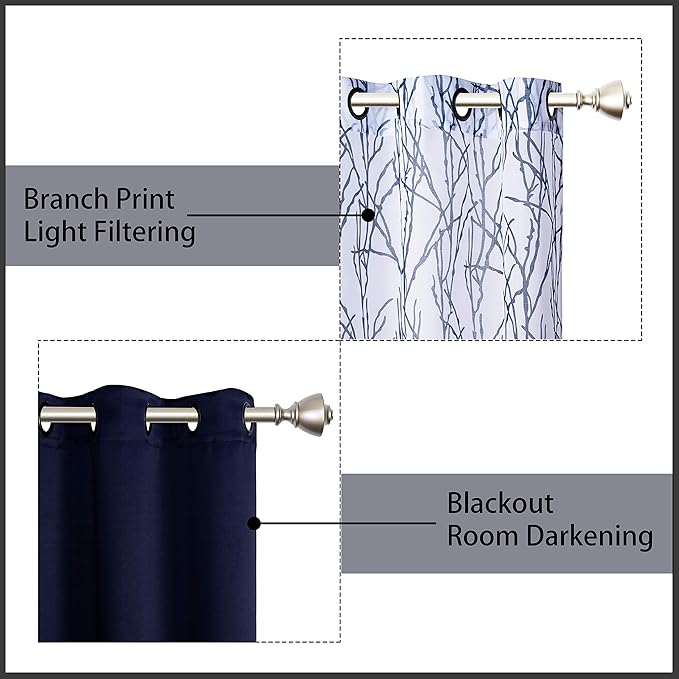 BONZER Mix and Match Curtains - 2 Pieces Branch Print Sheer Curtains and 2 Pieces Blackout Curtains for Bedroom Living Room Grommet Window Drapes, 37x84 Inch/Panel, Indigo, Set of 4 Panels