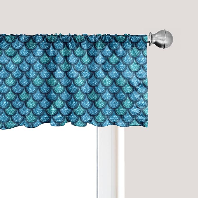 Ambesonne Fish Scale Window Valance Pack of 2, Nautical Design Realistic Graphic Water Drops on Half Circles Print, Rod Pocket Curtain Valances for Kitchen Bedroom, 54" X 12", Blue and Turquoise