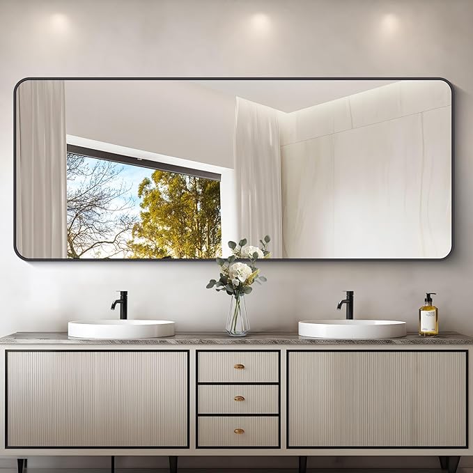 72" x 30"Bathroom Mirror, Matte Black Wall Mirror with Metal Frame, Decorative Rectangular Vanity Mirror for Bedroom Bathroom Living Room Entryway (Horizontal/Vertical)