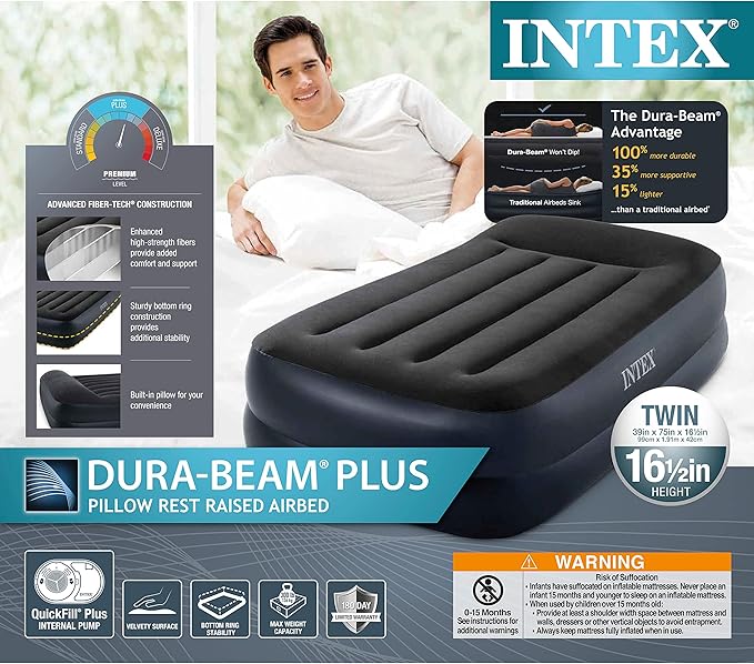 Intex Raised Airbed Mattress with Built-in Pump, Dura-Beam Plus Pillow, Twin - Portable Inflatable Luxury Blow-Up Bed for Adults, Camping, Guests