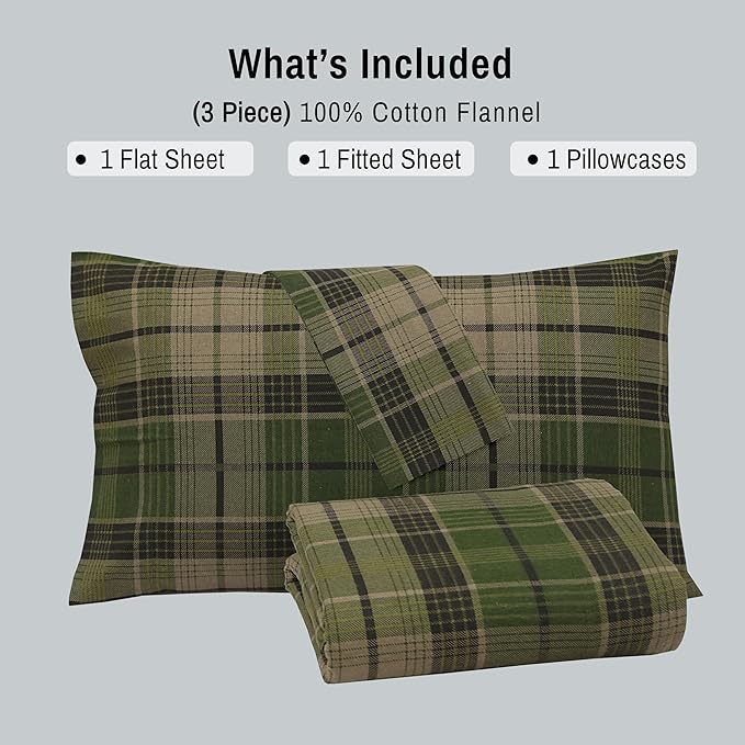 RUVANTI Flannel Sheets Twin Size - 100% Cotton Double Brushed Twin Sheets Set, Deep Pockets 16 Inches, All Seasons Breathable & Extra Soft Bed Sheets, Warm & Cozy, 3 Piece, DNA Plaid