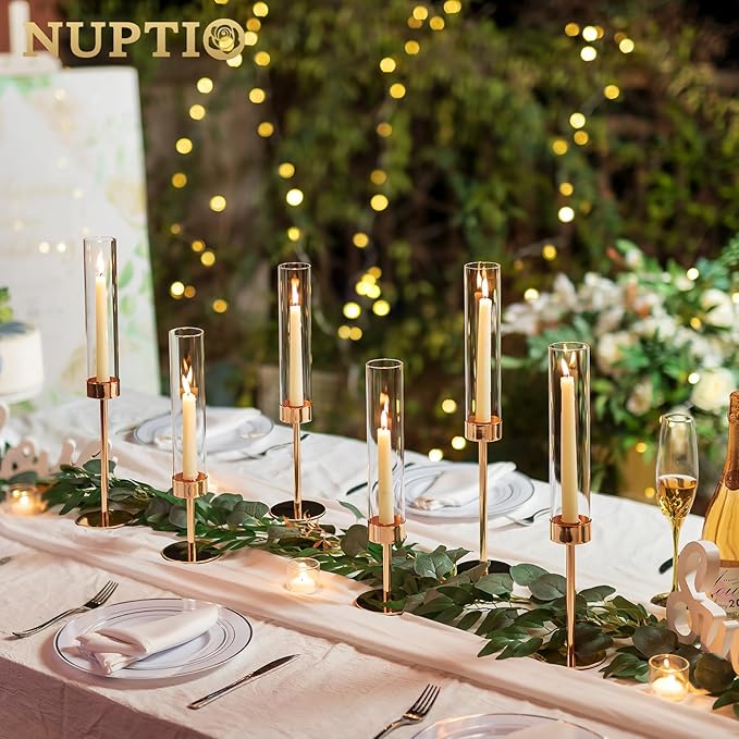 NUPTIO Hurricane Candlestick Holders for Centerpiece: Gold Taper Candles Stick Holders with Clear Glass Chimney - Tall Candleholder Set of 3 for Birthday Party Outdoor Decor