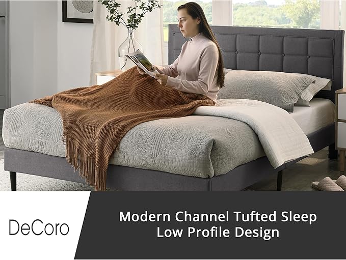 Decoro Mornington Upholstered 2.0 Platform Bed, Button-Tufted Fabric Headboard and Metal Frame with Wood Slat Support, Light Grey, King