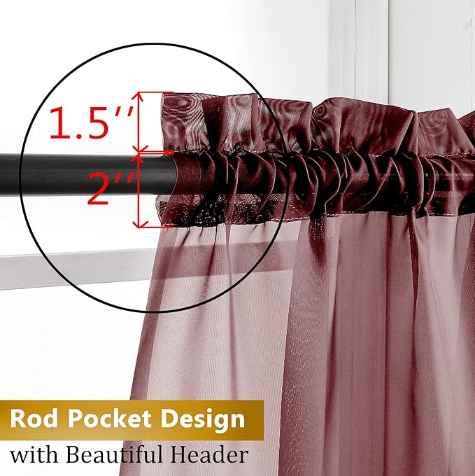 Aiyufneg Wine Kitchen Sheer Curtains 36 inches Long, Short Kitchen Window Treatment Solid Sheers Cafe Curtains Bathroom Voile Half Window Curtains 2 Panels for Laundry Room, Rod Pocket, 40" Wx36 L