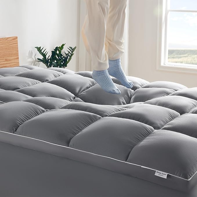 SLEEP ZONE King Mattress Topper Washable, Deep Pocket Mattress Pad, Thick Fitted Mattress Cover for Back Pain, Breathable Mattress Protector, Hotel Quality (Grey, King)