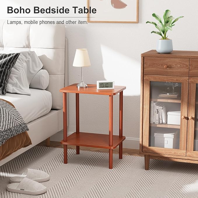 Apicizon 2 Tier End Table, Small Side Table with Solid Wood Legs, Boho Bedside Table with Storage Shelf, Nightstand for Small Spaces, Bedroom, Living Room, Entryway, Easy Assembly, Vintage Brown