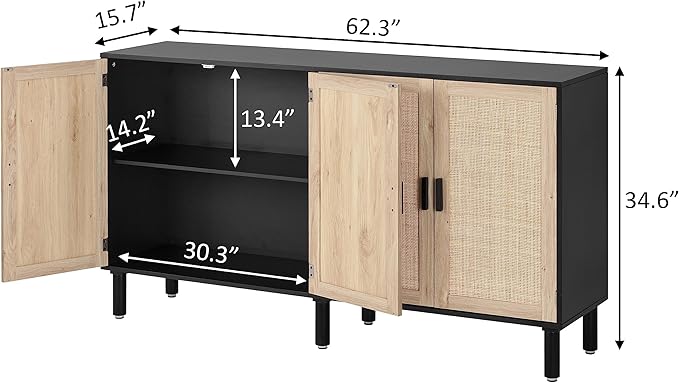 Finnhomy 4 Door Sideboard Buffet Cabinet, Kitchen Storage Cabinet with Rattan Decorated Doors, Cupboard Console Table, Boho Accent Liquor Cabinet, Bar Cabient, 62.3X 15.7X 34.6 Inches, Black