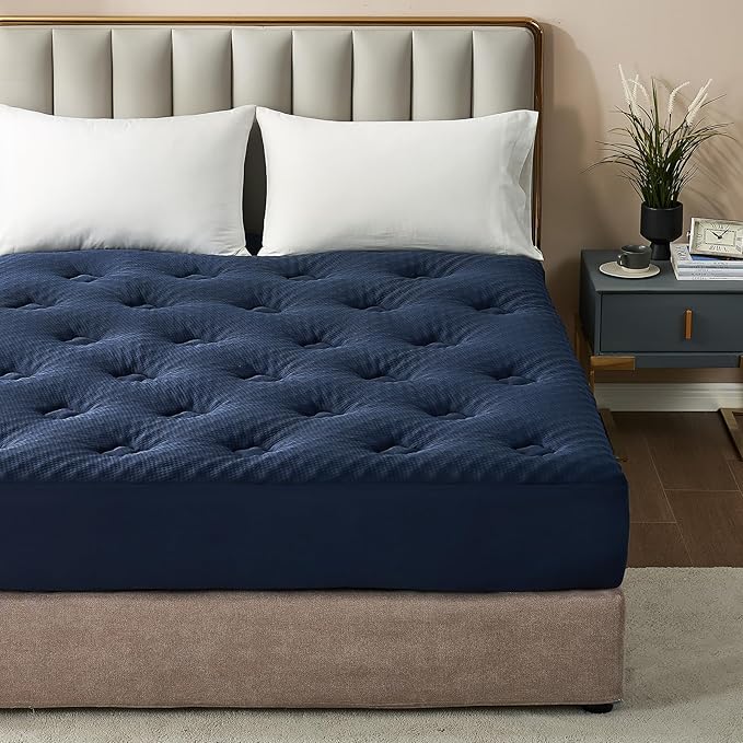 Hansleep King Mattress Topper Viscose Derived from Bamboo, Memory Foam Pillow Top Mattress Topper King with Deep Pocket, Breathable Mattress Pad for Back Pain Relief, 78" x 80", Navy Blue