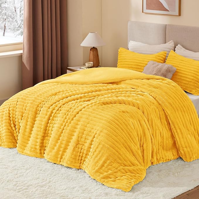 BEDELITE Fleece Twin Comforter Set -Super Soft & Warm Fluffy Bright Yellow Bedding, Luxury Fuzzy Heavy Bed Set for Winter with 1 Pillow case