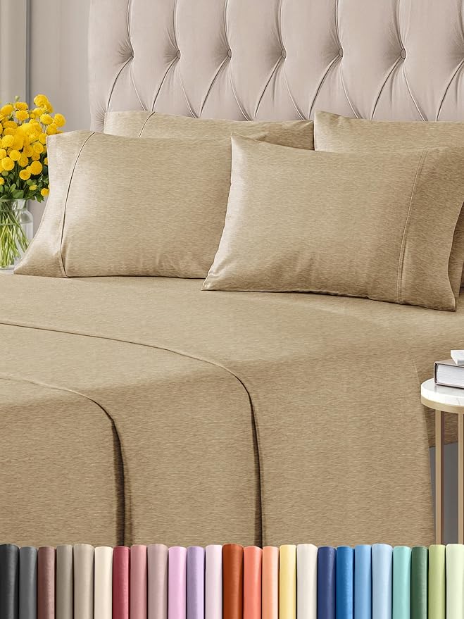 King 6 Piece Sheet Set - Comfy Breathable & Cooling - Ultra Soft Hotel Luxury Bedding Set w/ 8-16 Inch Deep Pockets - 1 Flat & 1 Fitted Sheet & 4 Pillowcases - Wrinkle Free & Easy Care - Heathered Tan