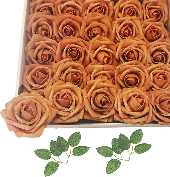 Artificial Rose Flowers 25pcs, Burnt Orange Foam Fake Rose Faux Flower for Wedding Bouquets Bridal Shower Centerpieces Floral Arrangements Home Decorations Party Backdrops Table