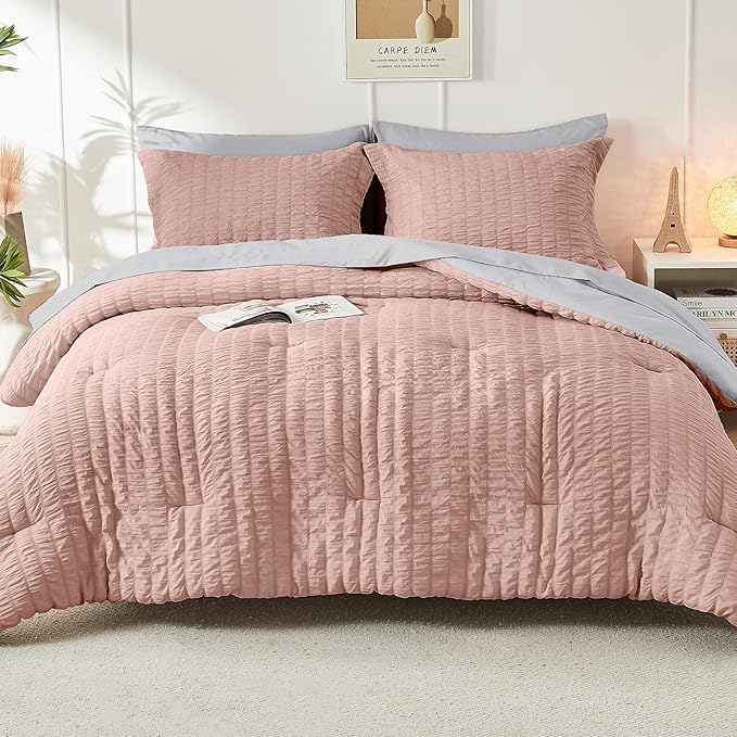 HYMOKEGE Rose Gold/Light Grey Queen Comforter Set Seersucker 7 Pieces, All Season Luxury Bed in a Bag Queen for Bedroom, Bedding Set with Comforter, Sheets, Pillowcases & Shams