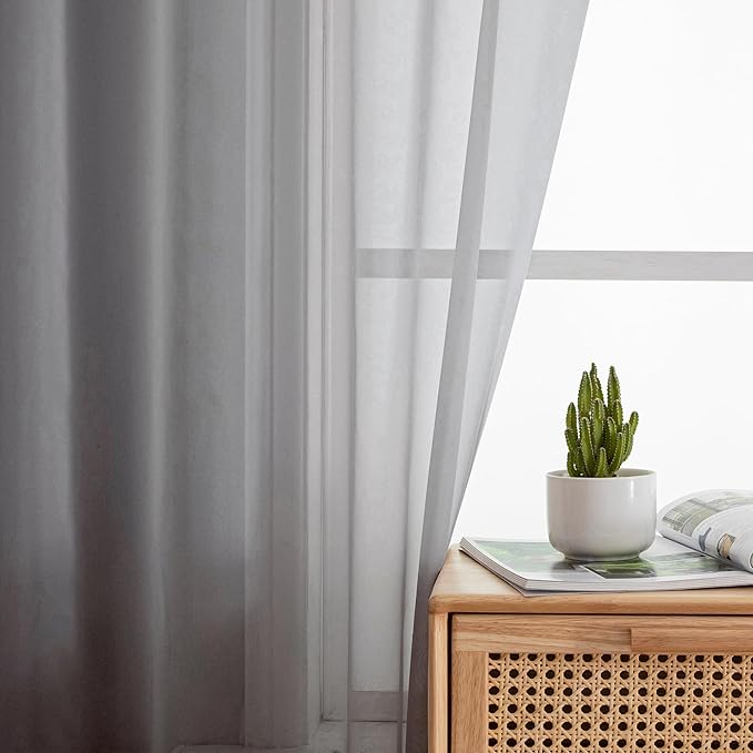 Aiyufeng 2 Piece Grey Short Sheer Curtains 45 Inch Length, Light Filtering Kitchen Curtain for Bedrrom/Living Room/Kitchen Window, Voile Top Dual Rod Pocket, 2 x 40 W x 45" L