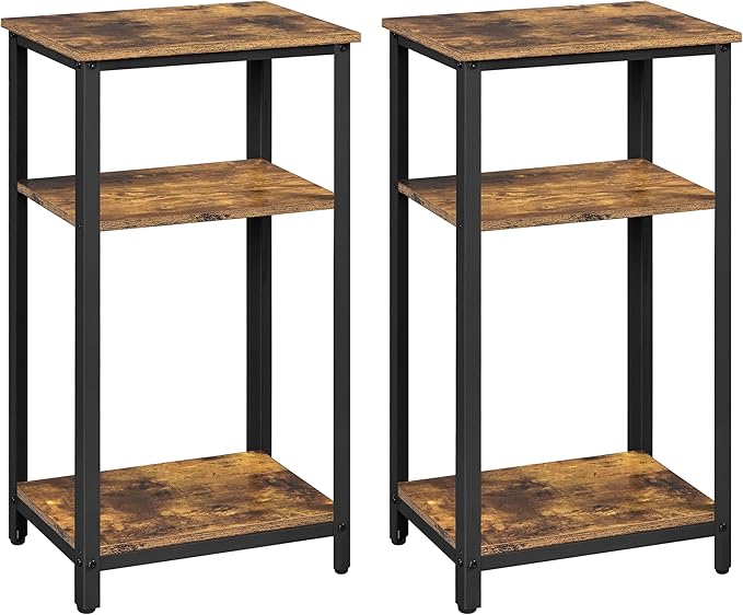 Yaheetech Tall End Table Set of 2, 16x12x29.5 inch Industrial Side Table with Strong Wooden Shelves, 2PCS Slim 3-Tier Telephone Table with Metal Frame for Living Room, Small Places - Rustic Brown