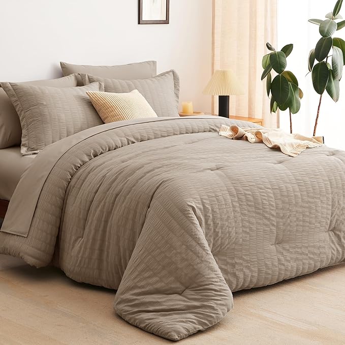 CozyLux Queen Comforter Set Khaki Seersucker 7 Pieces Bed in a Bag Queen Comforter Set with Sheets, Luxury Soft Bedding Set with Down Alternative Comforter, Sheets, Pillowcases & Shams for All Seasons